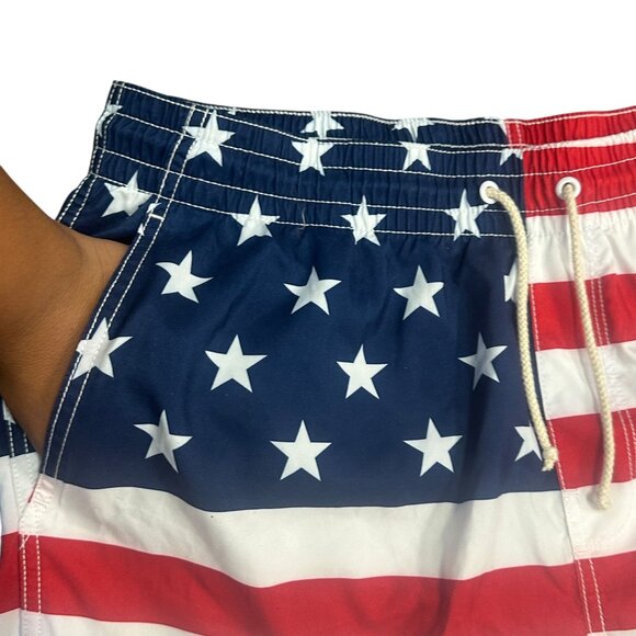 NWT Old Navy Mens L American Flag Swim Trunks UPF 50 Stars Stripes Drawstring - Picture 7 of 13